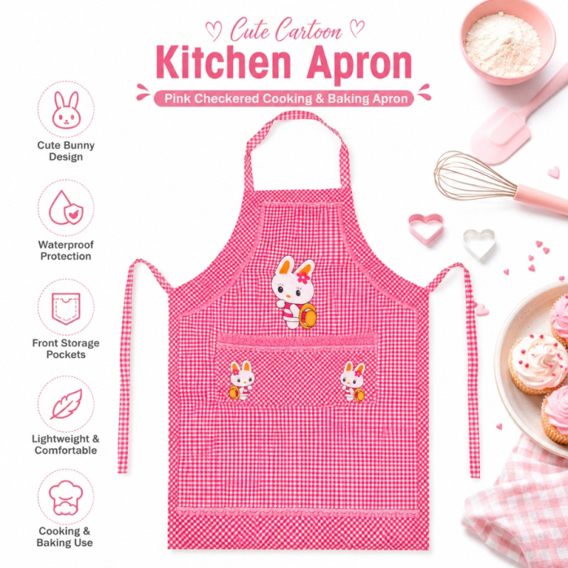 Sleek pink checkered cartoon rabbit kitchen apron – Pink (67.5 x 58cm)