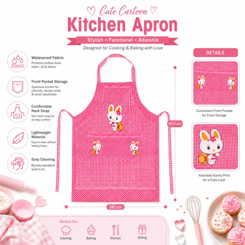 Sleek pink checkered cartoon rabbit kitchen apron – Pink (67.5 x 58cm)