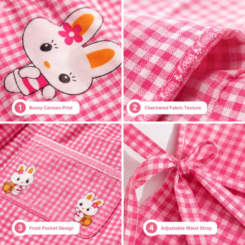 Sleek pink checkered cartoon rabbit kitchen apron – Pink (67.5 x 58cm)