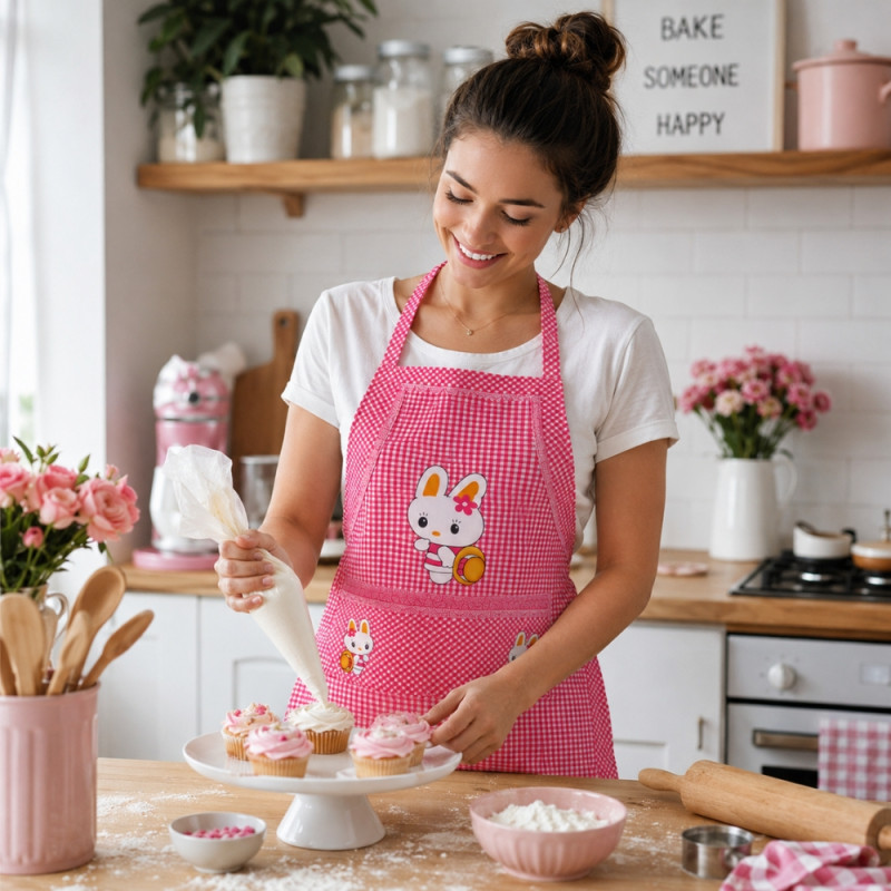 Sleek pink checkered cartoon rabbit kitchen apron – Pink (67.5 x 58cm)