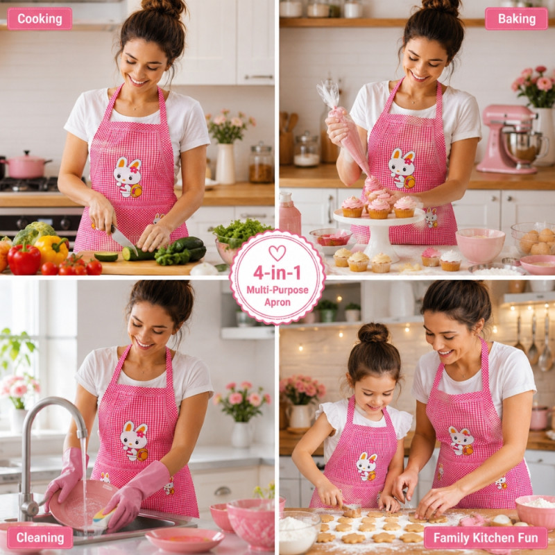 Sleek pink checkered cartoon rabbit kitchen apron – Pink (67.5 x 58cm)