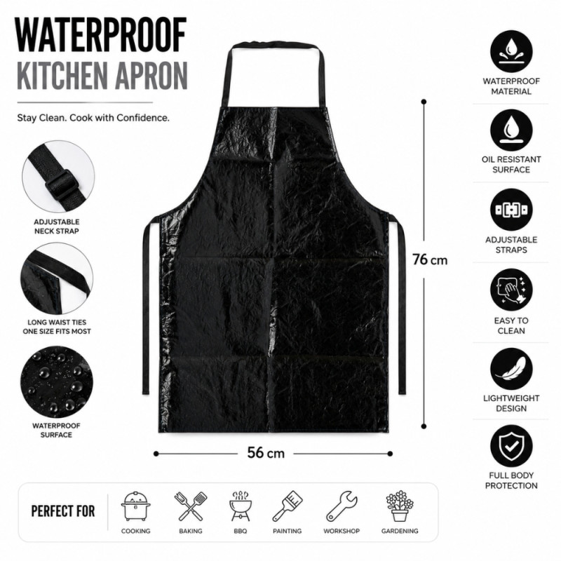 Smart black waterproof apron designed for kitchen and household use – Black (76 x 56cm)