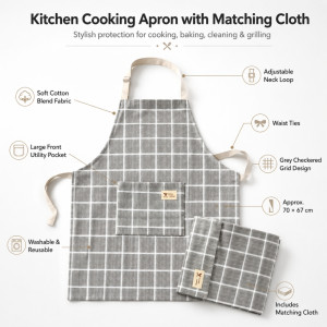 Cozy grey and white checkered cooking apron with a matching cloth – Gray (70 x 67cm)