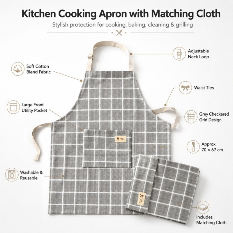 Cozy grey and white checkered cooking apron with a matching cloth – Gray (70 x 67cm)