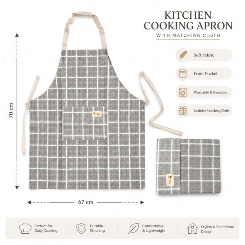 Cozy grey and white checkered cooking apron with a matching cloth – Gray (70 x 67cm)