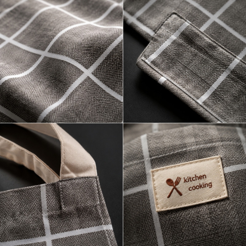 Cozy grey and white checkered cooking apron with a matching cloth – Gray (70 x 67cm)