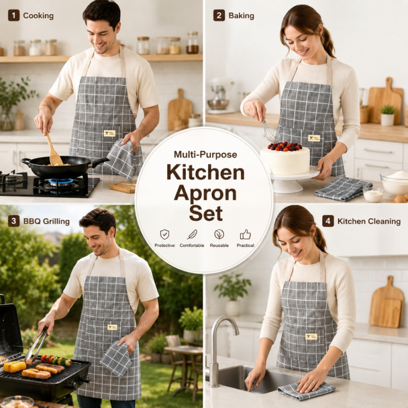 Cozy grey and white checkered cooking apron with a matching cloth – Gray (70 x 67cm)