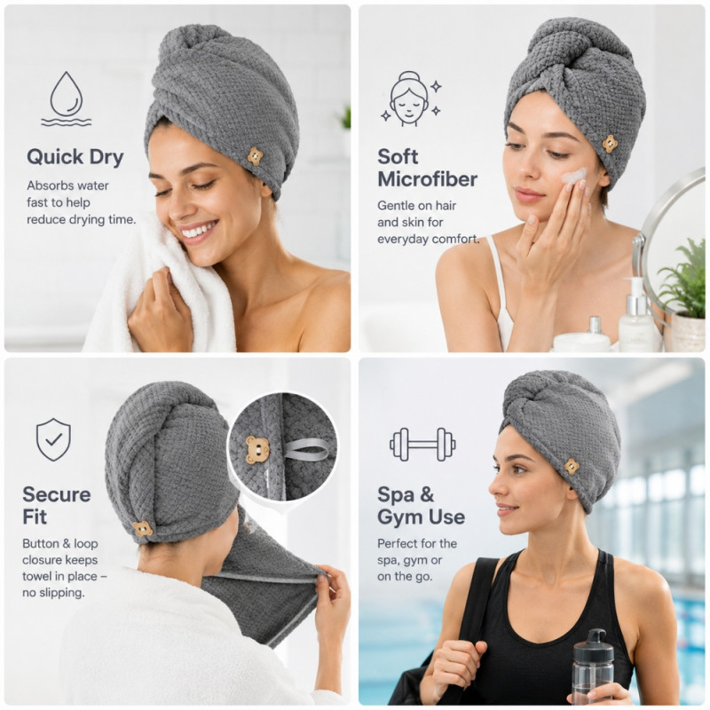 Luxury Quick-Dry Microfiber Hair Towel Wrap with Secure Button Closure - 66cm Dark Gray