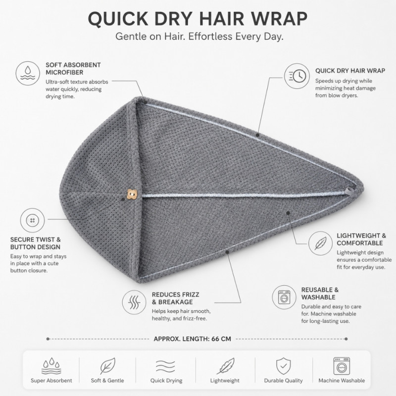 Luxury Quick-Dry Microfiber Hair Towel Wrap with Secure Button Closure - 66cm Dark Gray