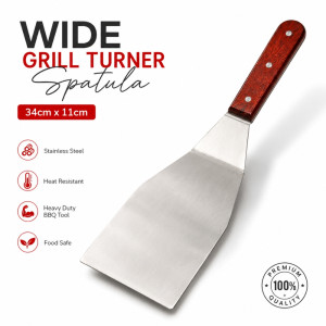 Rustic stainless steel griddle spatula features a durable design ideal for grilling or high-heat cooking – Silver (34 x 11cm)