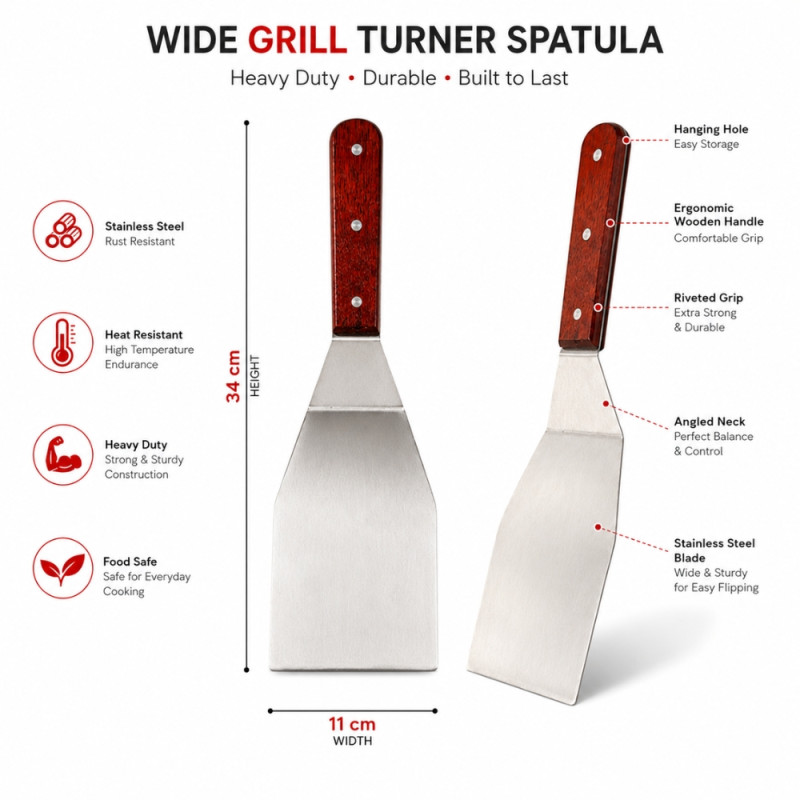 Rustic stainless steel griddle spatula features a durable design ideal for grilling or high-heat cooking – Silver (34 x 11cm)