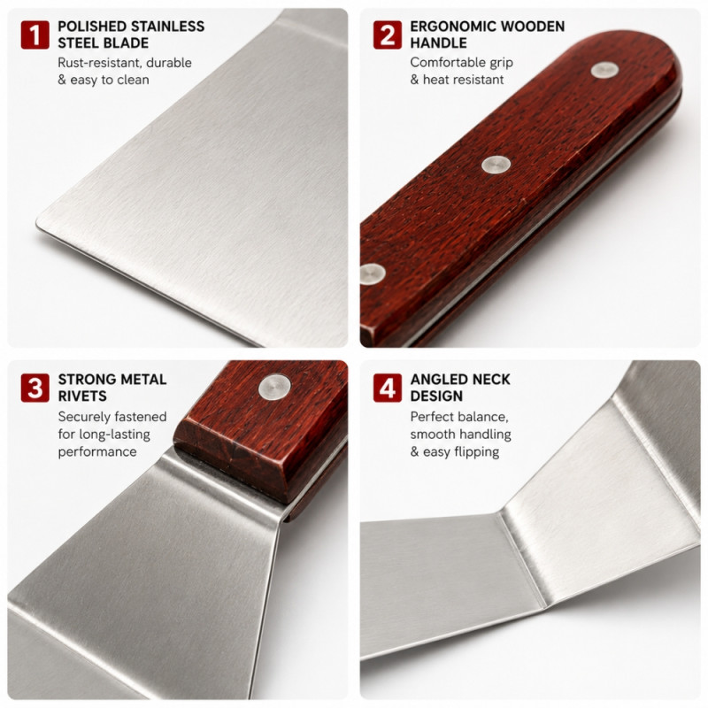 Rustic stainless steel griddle spatula features a durable design ideal for grilling or high-heat cooking – Silver (34 x 11cm)