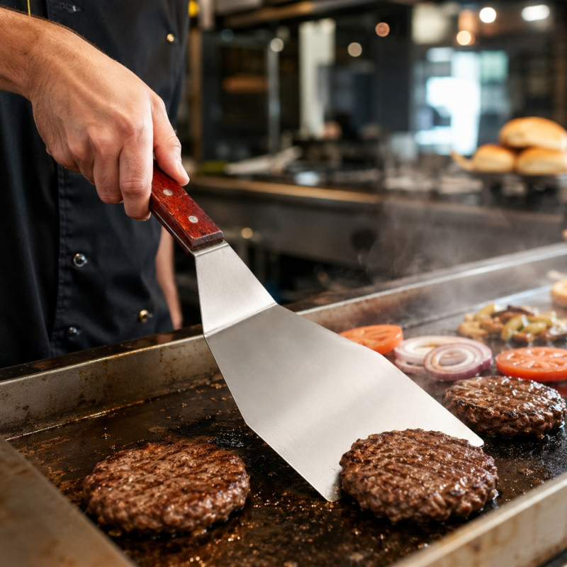 Rustic stainless steel griddle spatula features a durable design ideal for grilling or high-heat cooking – Silver (34 x 11cm)
