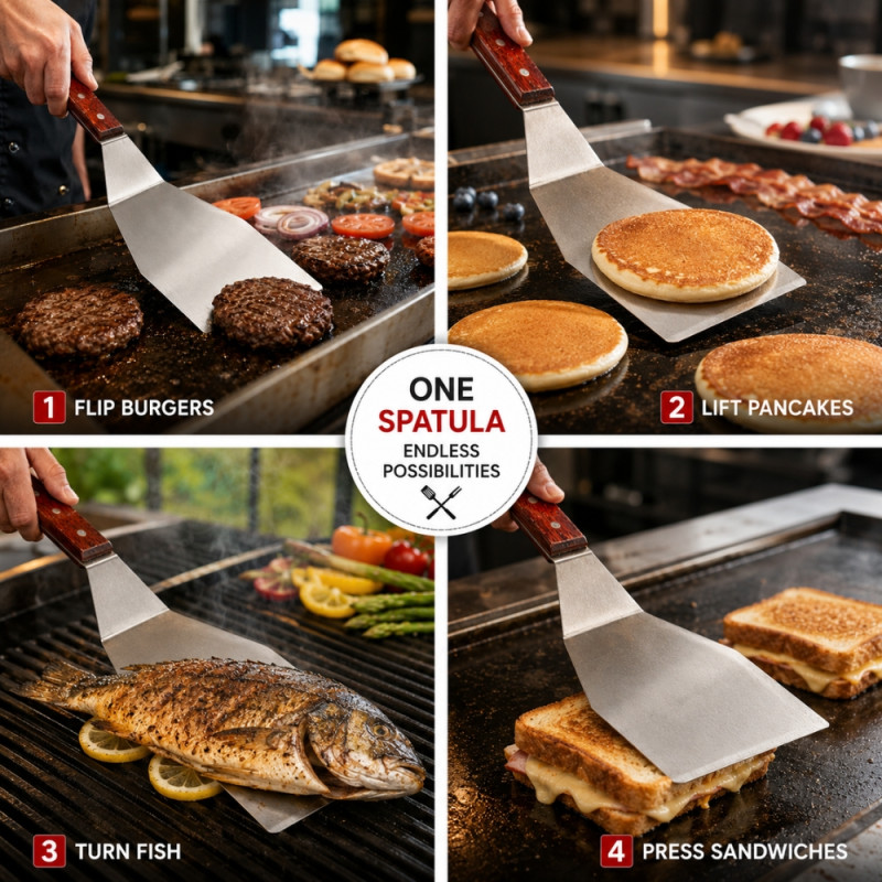Rustic stainless steel griddle spatula features a durable design ideal for grilling or high-heat cooking – Silver (34 x 11cm)