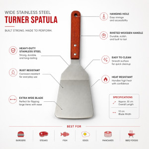 Dynamic high-quality stainless steel turner spatula featuring a durable wooden handle – Silver (32 x 10cm)