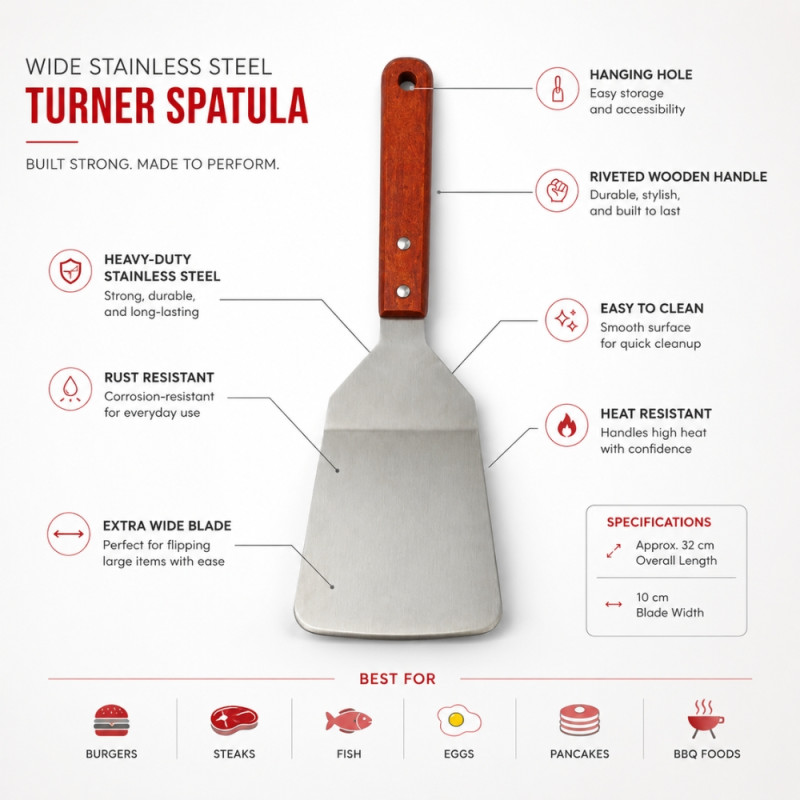 Dynamic high-quality stainless steel turner spatula featuring a durable wooden handle – Silver (32 x 10cm)