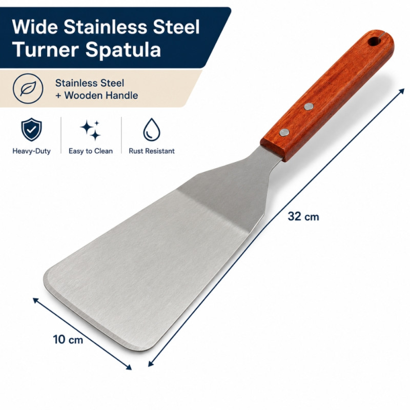 Dynamic high-quality stainless steel turner spatula featuring a durable wooden handle – Silver (32 x 10cm)