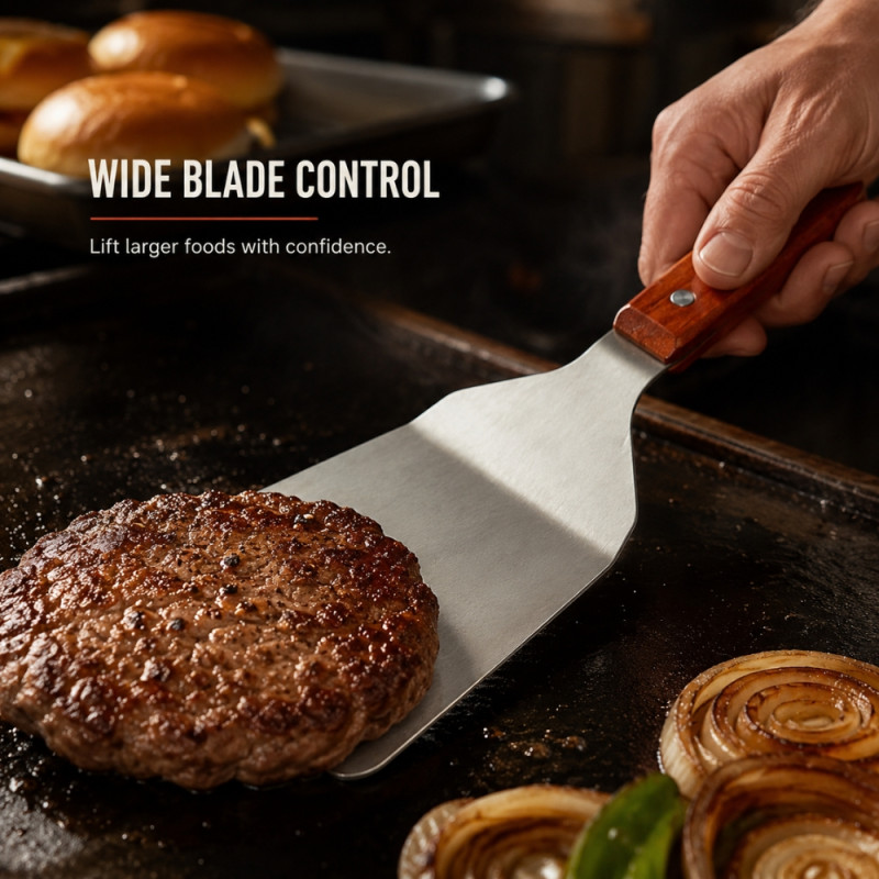 Dynamic high-quality stainless steel turner spatula featuring a durable wooden handle – Silver (32 x 10cm)