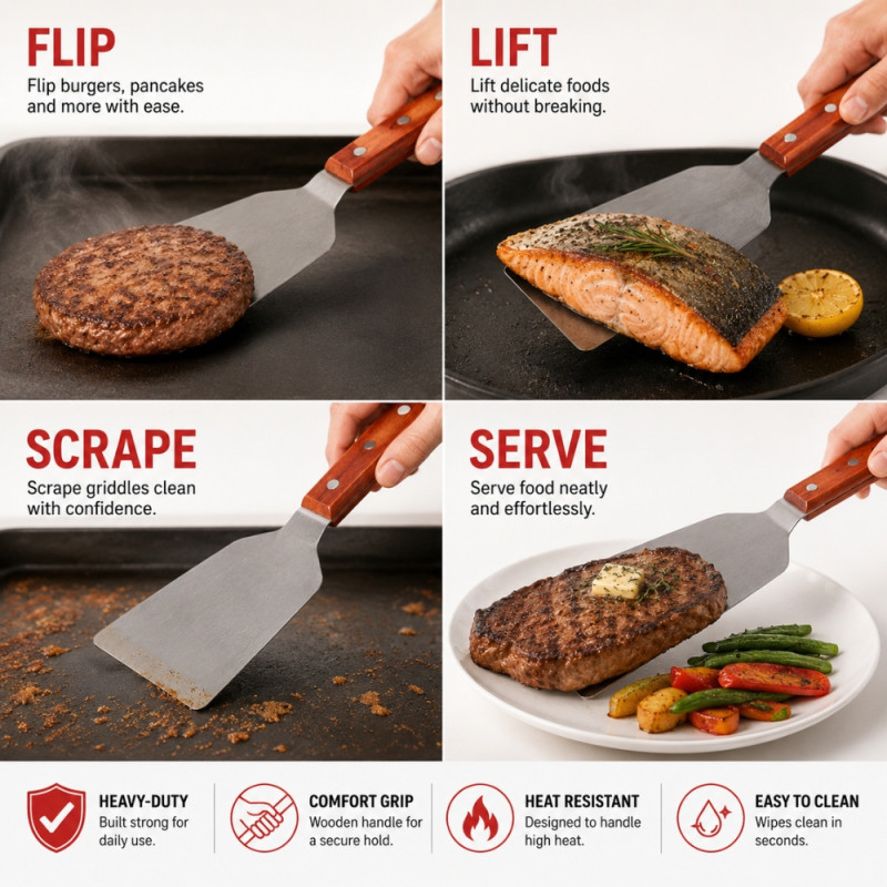 Dynamic high-quality stainless steel turner spatula featuring a durable wooden handle – Silver (32 x 10cm)
