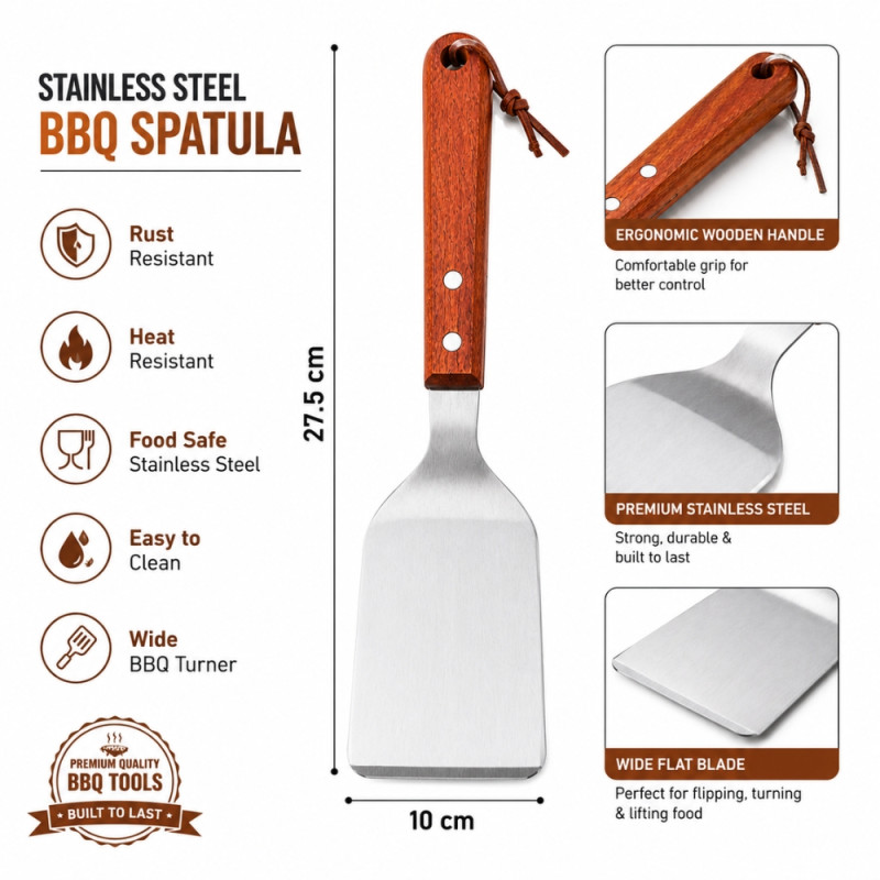 Fluid stainless steel BBQ spatula featuring a wooden handle – Silver (27.5 x 10)