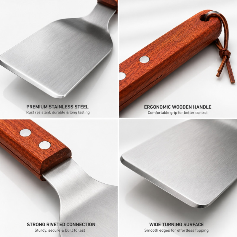Fluid stainless steel BBQ spatula featuring a wooden handle – Silver (27.5 x 10)