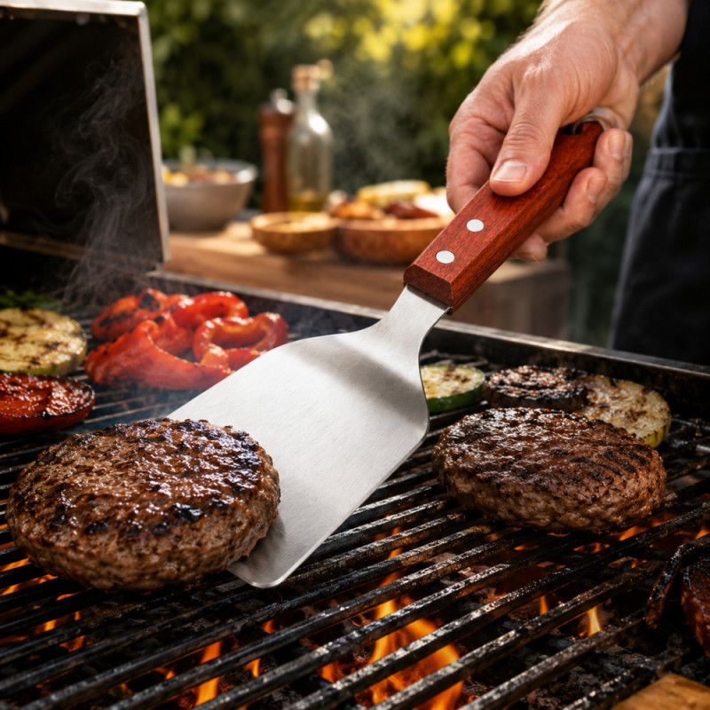 Fluid stainless steel BBQ spatula featuring a wooden handle – Silver (27.5 x 10)