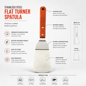 Gourmet stainless steel flat turner spatula with a wooden handle – Silver (28.5 x 8cm)