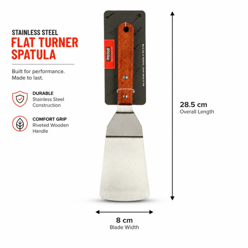 Gourmet stainless steel flat turner spatula with a wooden handle – Silver (28.5 x 8cm)