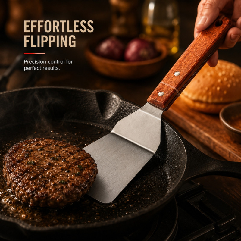 Gourmet stainless steel flat turner spatula with a wooden handle – Silver (28.5 x 8cm)