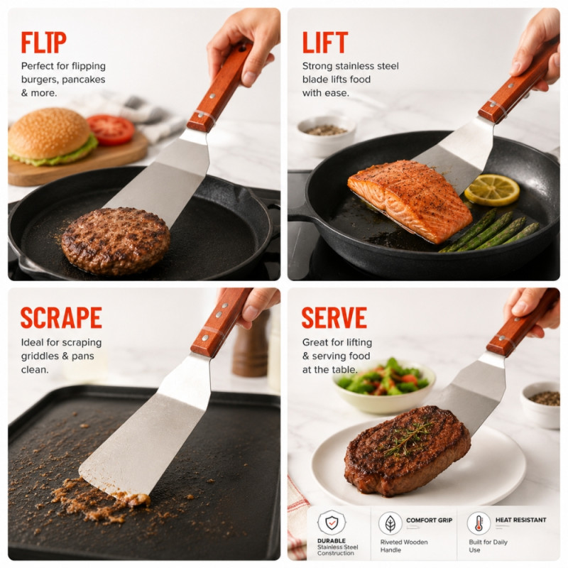 Gourmet stainless steel flat turner spatula with a wooden handle – Silver (28.5 x 8cm)