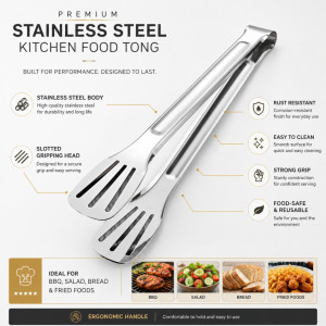 Mysterious premium stainless steel food tongs designed for durability and ease of use in the kitchen – Silver (18x 9cm)