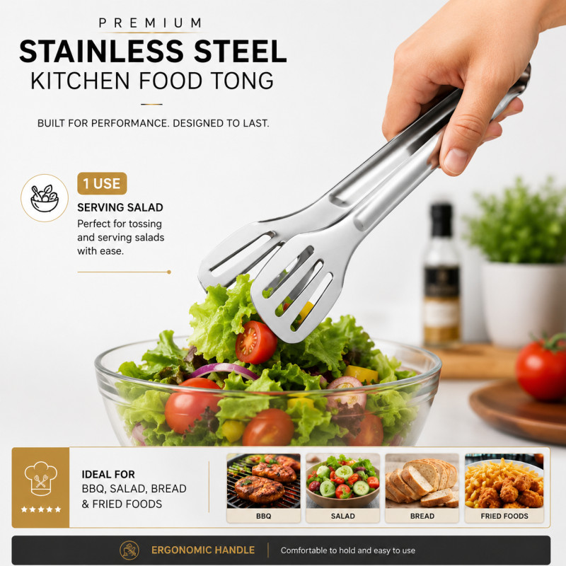 Mysterious premium stainless steel food tongs designed for durability and ease of use in the kitchen – Silver (18x 9cm)