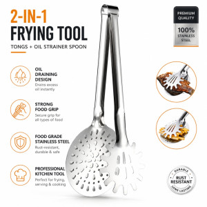 Bold multifunction stainless steel 2-in-1 kitchen utensil that combines tongs with a perforated strainer spoon – Silver (31.5 x 12 x 9cm)