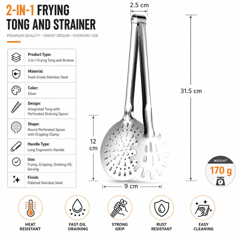 Bold multifunction stainless steel 2-in-1 kitchen utensil that combines tongs with a perforated strainer spoon – Silver (31.5 x 12 x 9cm)