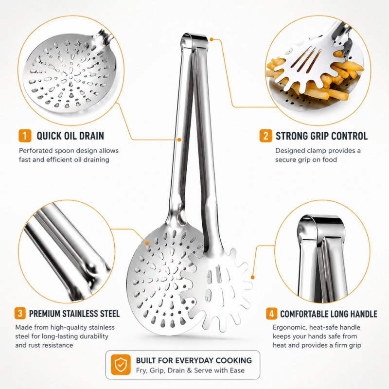 Bold multifunction stainless steel 2-in-1 kitchen utensil that combines tongs with a perforated strainer spoon – Silver (31.5 x 12 x 9cm)