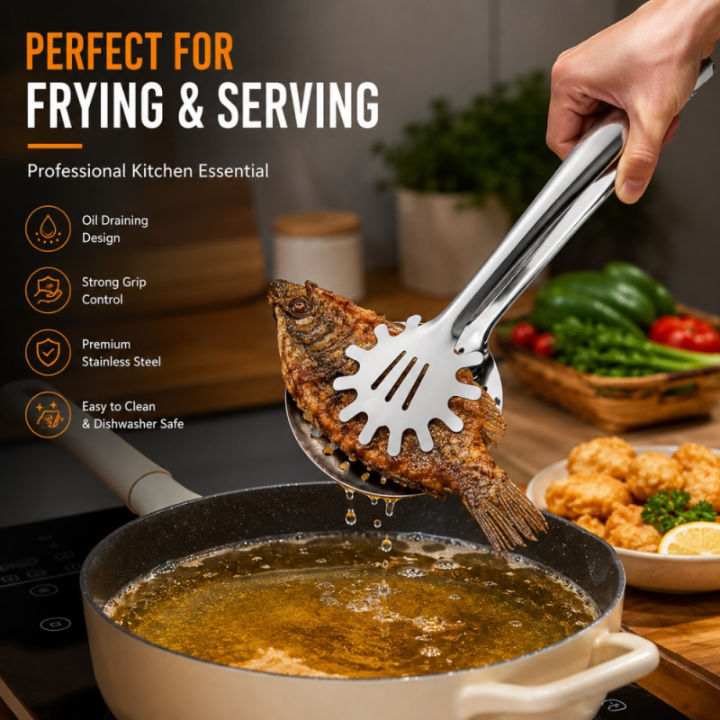 Bold multifunction stainless steel 2-in-1 kitchen utensil that combines tongs with a perforated strainer spoon – Silver (31.5 x 12 x 9cm)