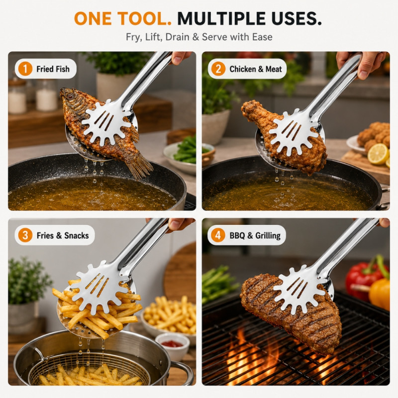Bold multifunction stainless steel 2-in-1 kitchen utensil that combines tongs with a perforated strainer spoon – Silver (31.5 x 12 x 9cm)
