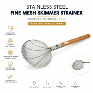Audacious stainless steel fine mesh skimmer strainer – Wooden & Silver (64.5 x 28cm)