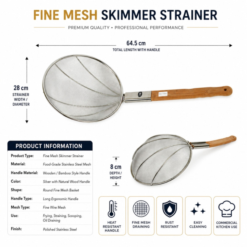 Audacious stainless steel fine mesh skimmer strainer – Wooden & Silver (64.5 x 28cm)