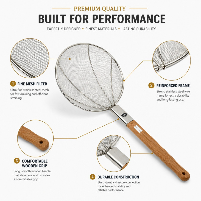 Audacious stainless steel fine mesh skimmer strainer – Wooden & Silver (64.5 x 28cm)