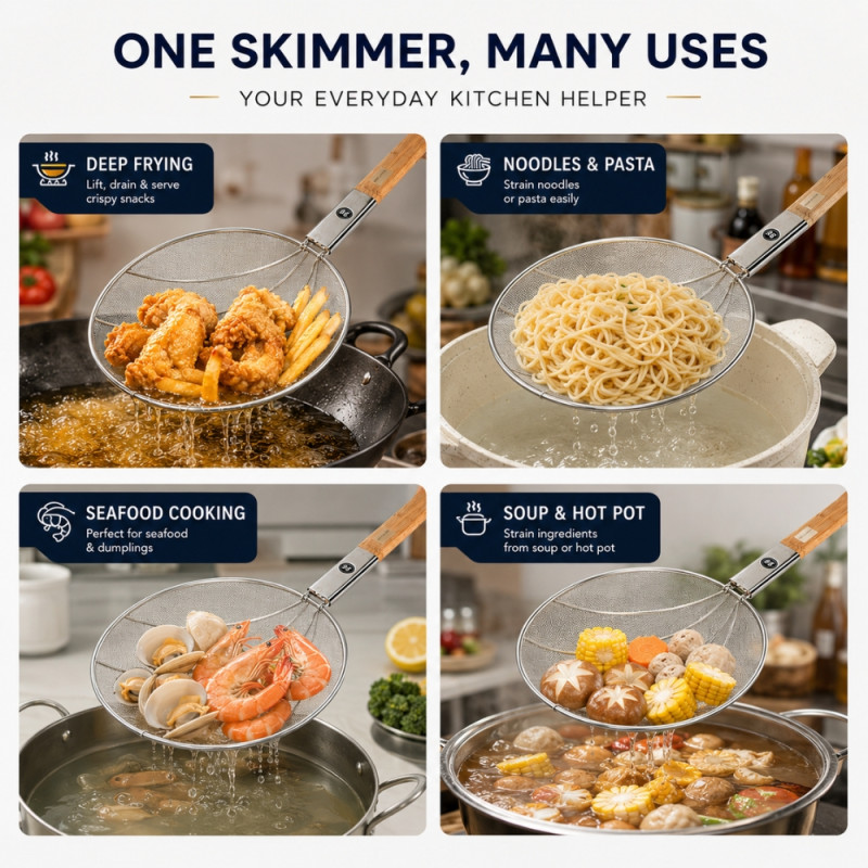 Audacious stainless steel fine mesh skimmer strainer – Wooden & Silver (64.5 x 28cm)