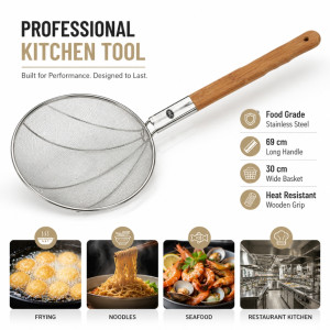 Charming large stainless steel spider skimmer strainer with a bamboo handle – Wooden & Silver (69 x 30cm)