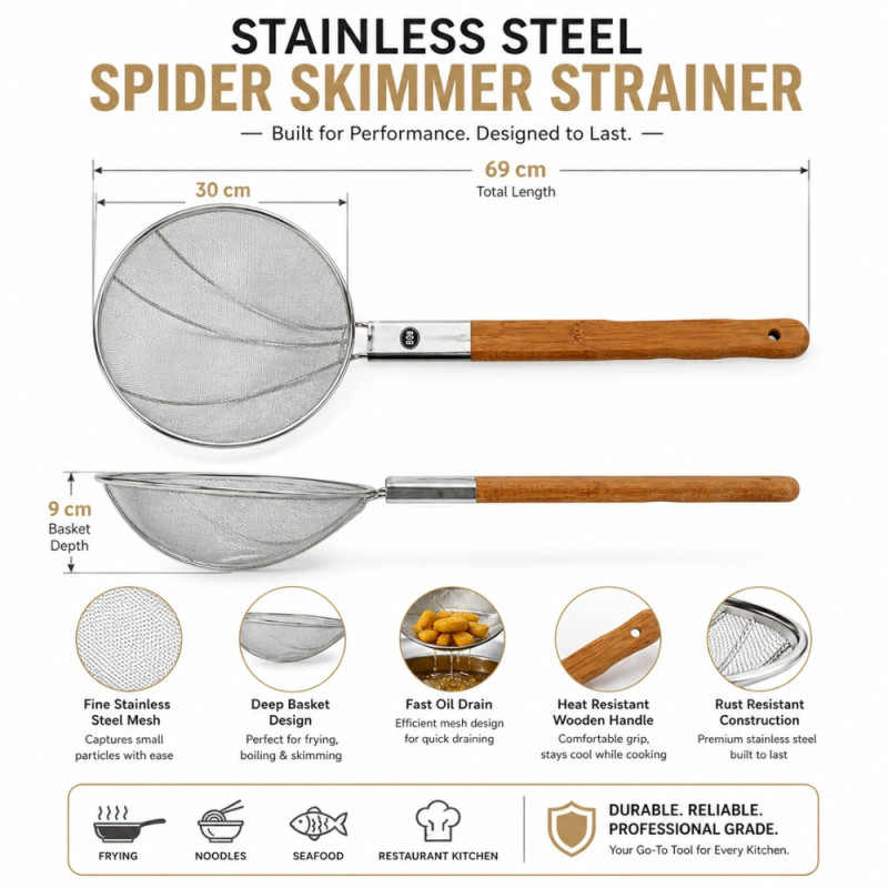 Charming large stainless steel spider skimmer strainer with a bamboo handle – Wooden & Silver (69 x 30cm)