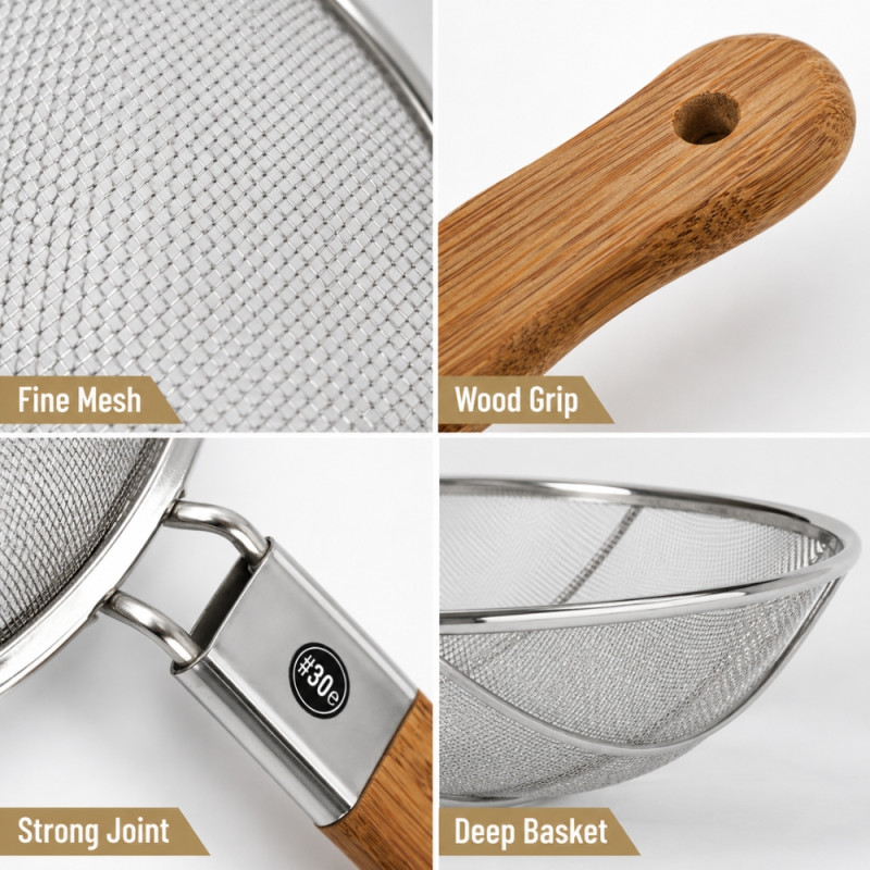 Charming large stainless steel spider skimmer strainer with a bamboo handle – Wooden & Silver (69 x 30cm)