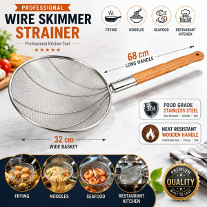 Witty stainless steel spider strainer spoon features a 32 cm diameter fine mesh basket and a heat-safe wooden handle – Wooden & Silver (68 x 32 cm)