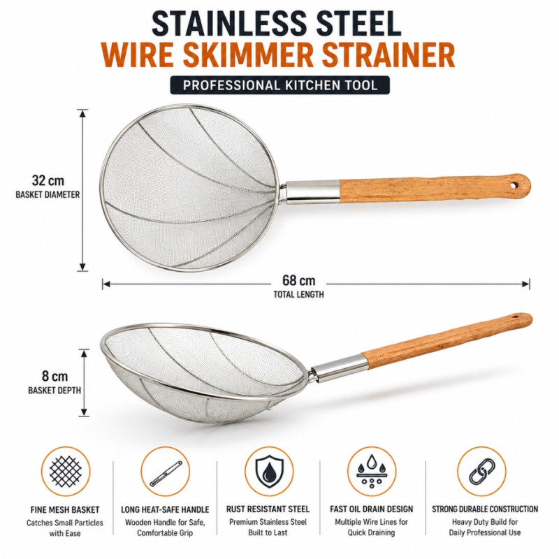 Witty stainless steel spider strainer spoon features a 32 cm diameter fine mesh basket and a heat-safe wooden handle – Wooden &amp; Silver (68 x 32 cm)