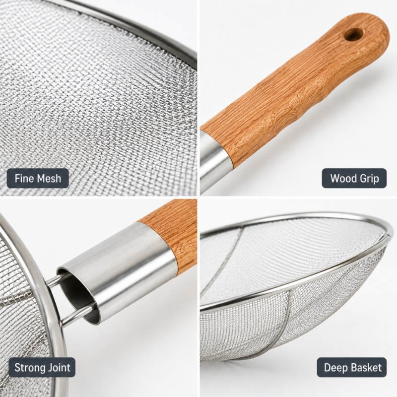 Witty stainless steel spider strainer spoon features a 32 cm diameter fine mesh basket and a heat-safe wooden handle – Wooden &amp; Silver (68 x 32 cm)
