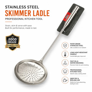 Clinical stainless steel skimmer ladle with a long, ergonomic handle and a round perforated bowl – Silver (59 x 18cm)