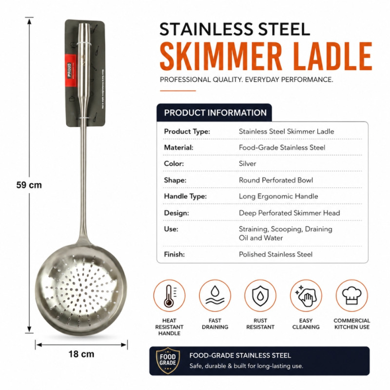Clinical stainless steel skimmer ladle with a long, ergonomic handle and a round perforated bowl – Silver (59 x 18cm)