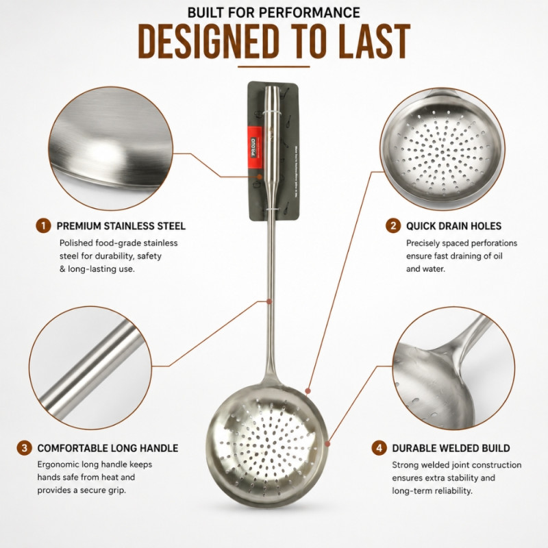 Clinical stainless steel skimmer ladle with a long, ergonomic handle and a round perforated bowl – Silver (59 x 18cm)